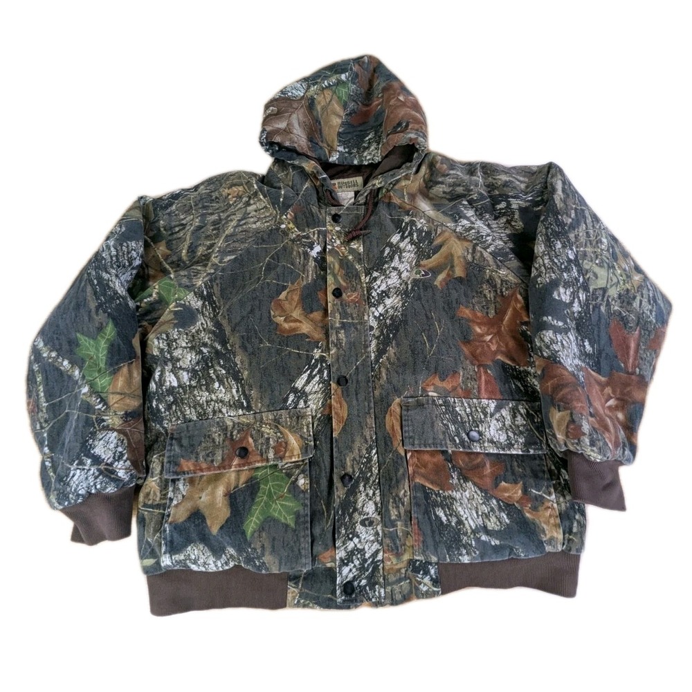 Vintage Mossy Oak Camo Zip Up Hoodie Men Size Large Russell Outdoors Hunting Y2K